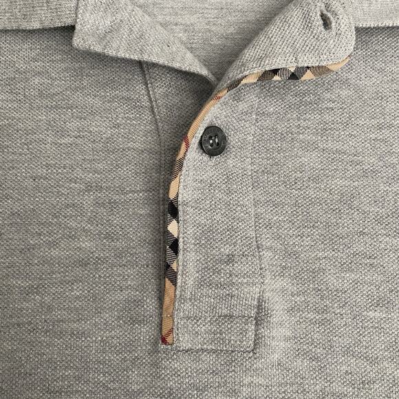 Burberry Polo Shirt T Shirt Gray Short Sleeve Cotton Nova Check Trim Logo Tee XL - Picture 4 of 8